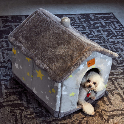 Foldable Dog House & Cat Bed – Warm, Removable Winter Pet Villa, Enclosed Cave for Cats & Dogs