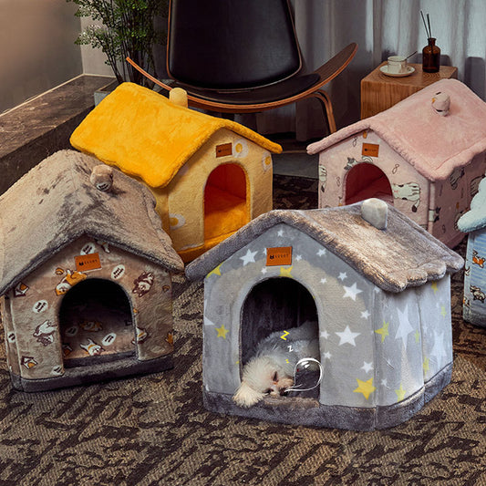 Foldable Dog House & Cat Bed – Warm, Removable Winter Pet Villa, Enclosed Cave for Cats & Dogs