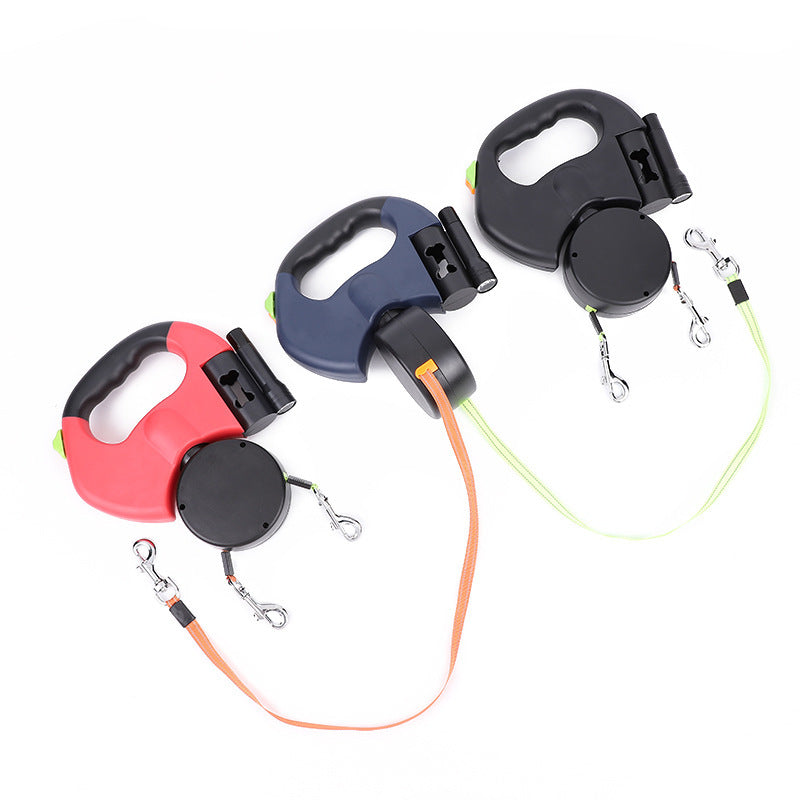 Retractable Dual Dog Leash for Small Dogs – 360° Tangle-Free Reflective Pet Lead with LED Light for Night Walking