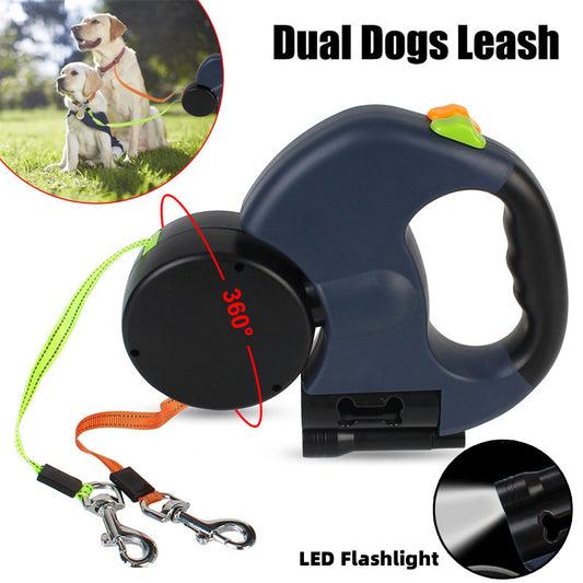 Retractable Dual Dog Leash for Small Dogs – 360° Tangle-Free Reflective Pet Lead with LED Light for Night Walking
